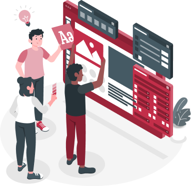 Ilustración de 3 personas colaborando para construir un sitio web